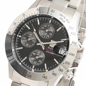 エルジン メンズ 腕時計/ELGIN クロノグラフ デイト アナログ 腕時計 ブラック シルバー 送料無料/込 父の日ギフト