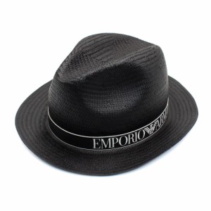 エンポリオアルマーニ メンズ ハット パナマハット 中折れ帽57サイズ/EMPORIO ARMANI ロゴ リボン ハット パナマハット 中折れ帽 ブラッ