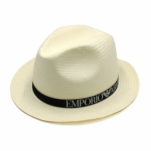 エンポリオアルマーニ メンズ ハット パナマハット 中折れ帽57サイズ/EMPORIO ARMANI ロゴ リボン ハット パナマハット 中折れ帽 オフホ