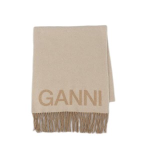 ガニー レディース&メンズ ロングマフラーストール ネックウォーマー/GANNI FRINGED WOOL SCARF ウール ロゴ フリンジ ロングマフラース