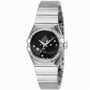 [即日発送]オメガ レディース 腕時計/OMEGA コンステレーション 自動巻き 機械式 ラインストーン 腕時計 ブラック シルバー 送料無料/込 