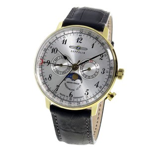 [即日発送]ツェッペリン メンズ 腕時計/Zeppelin ヒンデンブルグ HINDENBURG ムーンフェイズ クロノグラフ レザーベルト 腕時計 シルバー