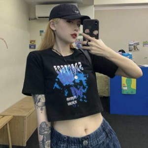 Tシャツ レディース 半袖 へそ出し ショート丈 トップス ショートタンクトップ 春夏秋 ゆるい 韓国ファッション 原宿系ヒップホップ ダン