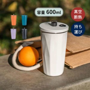  タンブラー 水筒 ストロー付き 600ml 蓋付き 大容量 真空断熱 保温 持ち運び マグボトル 二重構造 ステンレス