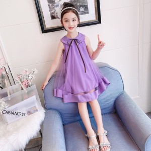 子供服 ワンピース 袖なし 春秋 女の子 キッズワンピース チュニック パープル グリーン シフォン 子供ドレス ジュニア ベビー服 おしゃ