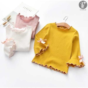 子供服 キッズ 長袖シャツ Tシャツ ネックフリル 女の子 キッズファッション フリル袖口 インナー トレーナー 女の子 無地 トップス シン