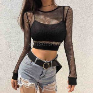 ヒップホップTシャツ クラブウェア 欧米風 セクシー トップス メッシュ シャツ 長袖 ショート丈 へそ出し レディース 上着 シースルー 透