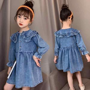 ワンピース キッズ 長袖ワンピース 子供服 女の子 秋 冬 デニムワンピース 折り襟 無地 子供ドレス ジュニア フレア おしゃれ 可愛い カ