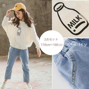 子供服 セットアップ キッズ 女の子 長袖 春秋 上下セット 韓国子供服 ジュニア Tシャツ 丸首 長ズボン デニムパンツ カジュアル 可愛い