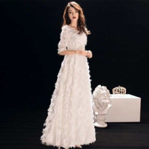 ウエディングドレス カラードレス パーティードレス 結婚式 花嫁 二次会 ドレス 白 お呼ばれドレス フェザー 袖あり 大きいサイズ 3L 4L