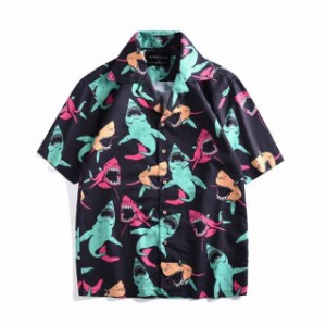 アロハシャツ 黒 半袖 サメ トップス 開襟シャツ レディース ゆったり カジュアル リゾート 大きいサイズ 夏