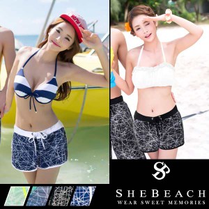 水着 レディース ショートパンツ 韓国ブランド SHEBEACH 正規品 シービーチ かわいい ショーパン 短パン 体型カバー ブラック ネイ