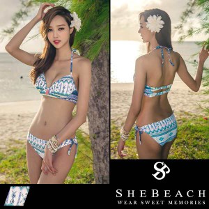 水着 レディース セクシー ビキニ 水着 2点セット 韓国ブランド SHEBEACH シービーチ 正規品 ホルターネック 女の子 ブルー ビキニ