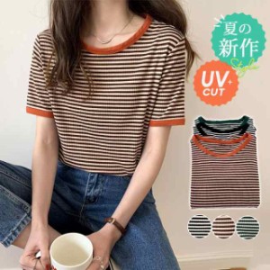 tシャツ レディース 半袖 カットソー 夏 春 トップス ボーダー UV プルオーバー インナー 大きめ 薄手 体型カバー ナチュ