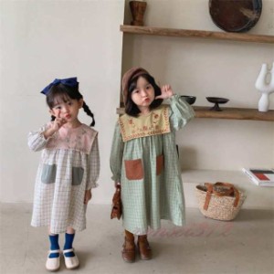 チェック柄 ワンピース 女の子 子供服 子ども服 長袖ワンピース 可愛い 刺繍柄