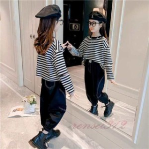 春秋セットアップ 子供服 女の子セット 二点セット ストライプ Tシャツ ロングパンツ 長袖 ストライプ柄