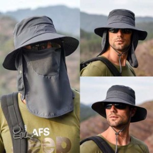 サンバイザー 日よけ帽子 メンズ フェイスマスク付き UVカット サファリハット 紫外線対策 折りたたみ 日焼け防止 フェイスガード 　