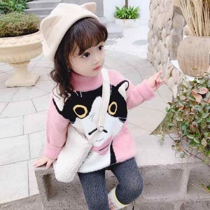 セーター キッズ 女の子 子供服 プルオーバー 長袖 モックネック ねこ 冬服 暖か 保温 かわいい おしゃれ トップス モコふわ 柔らかい