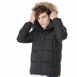 ダウンコート メンズ ダウンジャケット 中綿 キルティング フード付き ファー付き 無地 冬服 ブラック ショート丈 暖かい ウォームコート