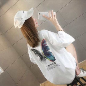 Tシャツ レディース 半袖 夏 大きいサイズ ブラックTシャツ 蝶柄 チュニック カットソー ロンティー ロングTシャツ