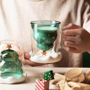 コーヒーカップ ティーカップ ガラスコップ カフェマグ キッチン雑貨 お茶コップ  ミルクカップ  二重構造 クリスマスお祝い 蓋付き 300m