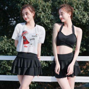 学生水着 水着 セパレート 3点セット 半袖Tシャツ キュロット パッド付き ノーワイヤー ガールズ 体型カバー 可愛い 女性 夏