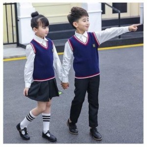 キッズ子供ジュニア服 ニットベスト 男女兼用 大人 親子ペア Vネック ニットセーター 入園式 入学式 シャツ仕立て 卒業式 発表会2点