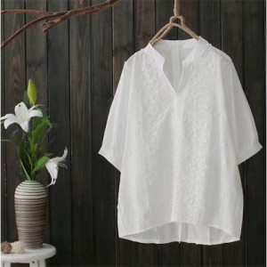 長袖/半袖Tシャツ 七分袖ブラウス  春夏秋トップス 花刺繍入り レディース 通気性よい 森ガール風 柔らかいレトロ 3色