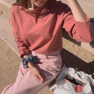 Tシャツ 長袖 レディース ロンT ピンク ベージュ  春 韓国ファッション メール便