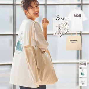 春新作  ギフト 3点SET ビッグT+キャンバスBag+スカーフ C4598 入荷済 レディース ロゴT フォトT シンプル ドット柄 綿100% 半袖