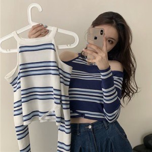 韓国ファッション 夏服Tシャツ レディースTシャツ トレンドショートトップス 長袖ニットセーター