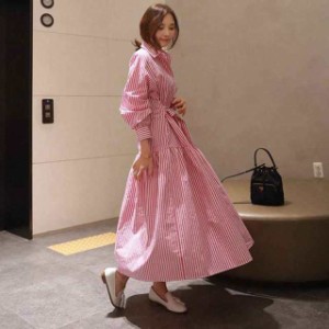 ワンピース レディース  衣装  ロングドレス ストライプ　シャツワンピ　シンプル カジュアル ロング 韓国系 オルチャン ファッション コ