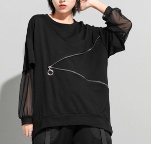 トップス レディース モード系 長袖 シースルー メッシュ ジッパー 個性的 デザイン Tシャツ 韓国ファッション ゴシック  春秋