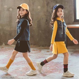 子供服 セットアップ 女の子 長袖 春秋 秋着 上下セット 韓国子供服 キッズ ジュニア ロングTシャツ 膝上 デニムベスト 可愛い おしゃれ