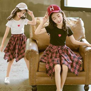 子供服 セットアップ キッズ 女の子 半袖 春夏 2点セット 上下セット Tシャツ 薄手 膝丈スカート チェック柄 ジュニア おしゃれ カジュア