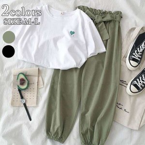 2color セットアップ 可愛い 上下セット カジュアル Tシャツ サルエルパンツ おしゃれ ルームウェア トップス レディース