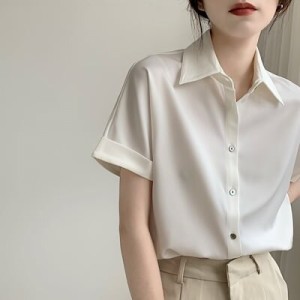 ストライプシャツさらっと羽織れる：サテンシャツサテンシャツ半袖トップスレディースシャツ涼しい夏でもブ
