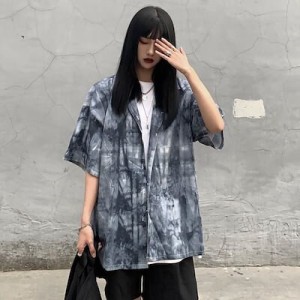 さらっと羽織れる：サテンシャツ韓国ファッション ヴィンテージ香港タイダイ半袖シャツ