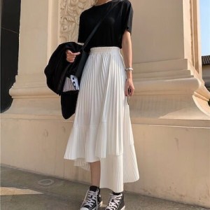 ふわっとフレアスカート可愛い 韓国ファッション スカート 不定形プリーツハーフスカート着痩せ