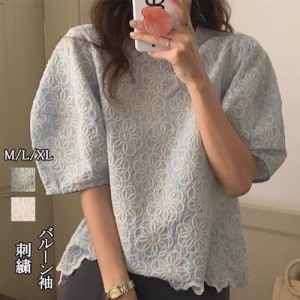 バルーン袖刺繍2色夏着られます ラウンドネック総レースブラウス 長袖 レースブラウス