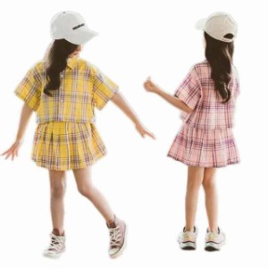 セットアップ 子供服 女の子 上下セット へそ出し トップス 半袖 Tシャツ チェック柄 ショート丈 スカート キッズ 子供服 ピンク 韓国風