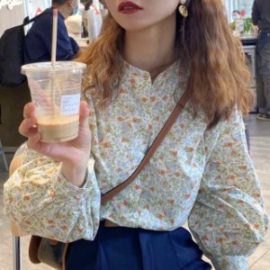 シャツ トップス レディース ボタニカル柄ノーカラーシャツ 花柄シャツ ノーカラーシャツ ブラウス 花柄ブラウス 長袖 ボリュームスリー