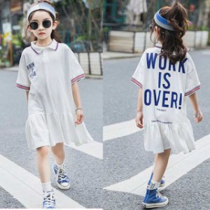 子供服 ワンピース 半袖 春夏 女の子 キッズワンピース ロングTシャツ 折り襟 チュニック 子供ドレス ジュニア おしゃれ 可愛い 涼しい