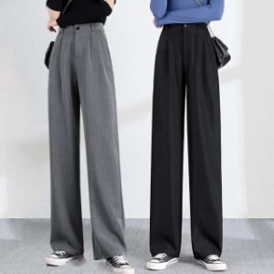 バックウエストゴム 2タック ワイドレッグパンツ ボトムス パンツ ズボン ロング丈 ストレート サイドポケット ハイウエスト シンプル カ