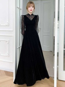 パーティードレス 結婚式 お呼ばれドレス ドレス 袖あり ロング シースルー袖 長袖 黒 ロングドレス 大きいサイズ 3L 小さいサイズ 韓国