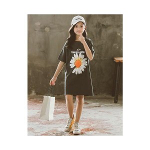 ワンピース 子供服 女の子 シャツ ロングTシャツ 五分袖 半袖 綿 フラワープリント おしゃれ カジュアル 春 夏 秋 商品 