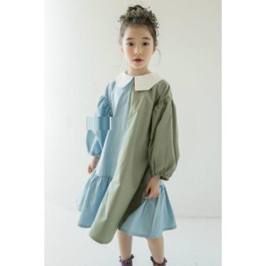 子ども服 ドレス ワンピース レトロ バイカラー ワンピース キッズ ボリューム袖 シフォン袖 ワンピース 商品 