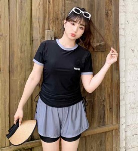 水着 レディース 体型カバー 大きいサイズ フィットネス 水着 レディース セパレート ラッシュガード Tシャツ 半袖 2点セット ロゴ 韓国