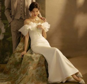 ウェディングドレス マーメイド トレーン ウェディングドレス 袖あり オフショルダー ドレス ロングドレス 大きいサイズ 白 フリル 花嫁