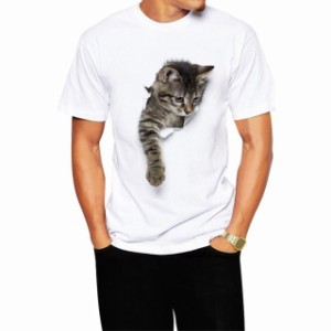 メンズTシャツ 猫 Tシャツ メンズ 白 おもしろ 服 かわいい ネコ柄 トリックアート 風 半袖 シャツ